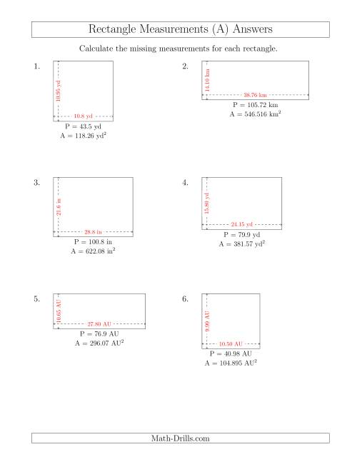 The Calculating the Side Measurements of Rectangles from Area and Perimeter (Decimal Numbers) (A) Math Worksheet Page 2
