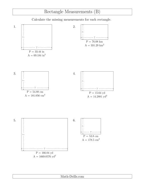The Calculating the Side Measurements of Rectangles from Area and Perimeter (Decimal Numbers) (B) Math Worksheet