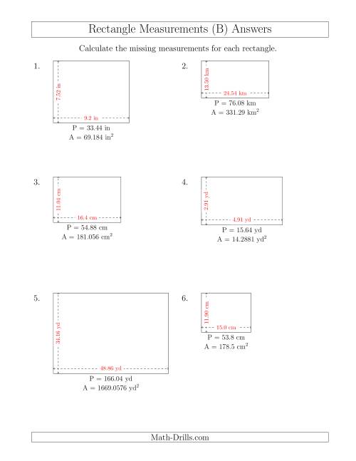 The Calculating the Side Measurements of Rectangles from Area and Perimeter (Decimal Numbers) (B) Math Worksheet Page 2