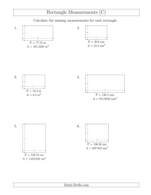 The Calculating the Side Measurements of Rectangles from Area and Perimeter (Decimal Numbers) (C) Math Worksheet
