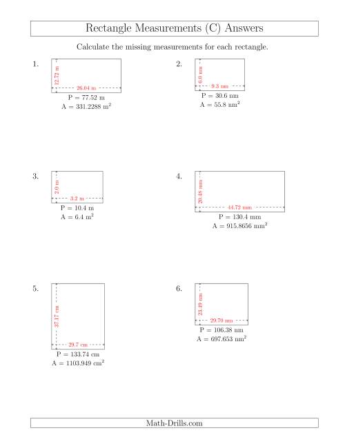The Calculating the Side Measurements of Rectangles from Area and Perimeter (Decimal Numbers) (C) Math Worksheet Page 2
