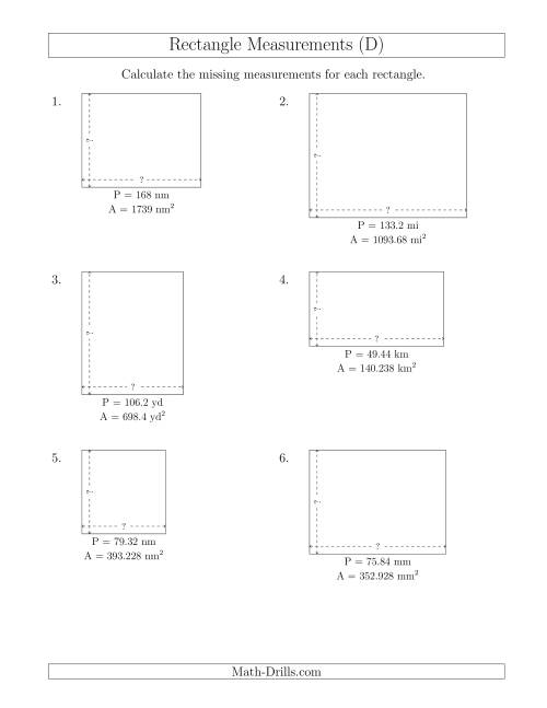 The Calculating the Side Measurements of Rectangles from Area and Perimeter (Decimal Numbers) (D) Math Worksheet