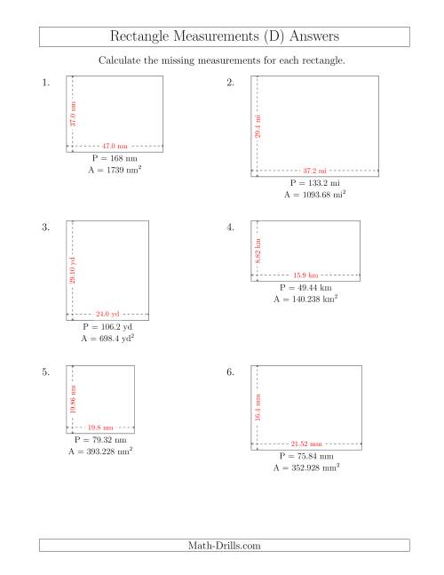 The Calculating the Side Measurements of Rectangles from Area and Perimeter (Decimal Numbers) (D) Math Worksheet Page 2
