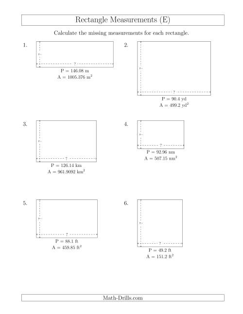 The Calculating the Side Measurements of Rectangles from Area and Perimeter (Decimal Numbers) (E) Math Worksheet