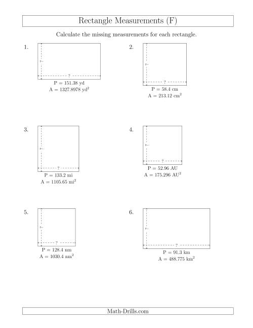The Calculating the Side Measurements of Rectangles from Area and Perimeter (Decimal Numbers) (F) Math Worksheet