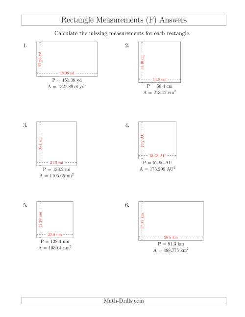The Calculating the Side Measurements of Rectangles from Area and Perimeter (Decimal Numbers) (F) Math Worksheet Page 2