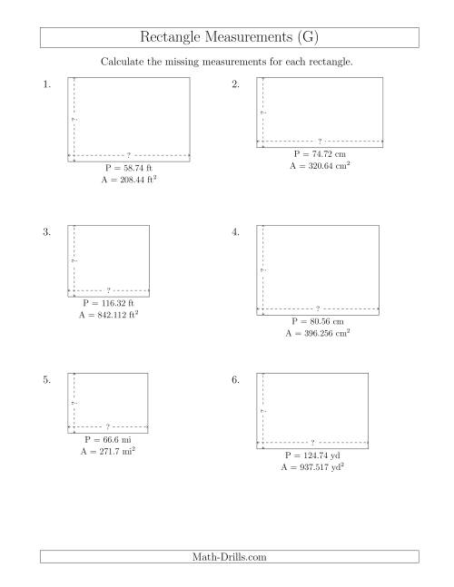 The Calculating the Side Measurements of Rectangles from Area and Perimeter (Decimal Numbers) (G) Math Worksheet