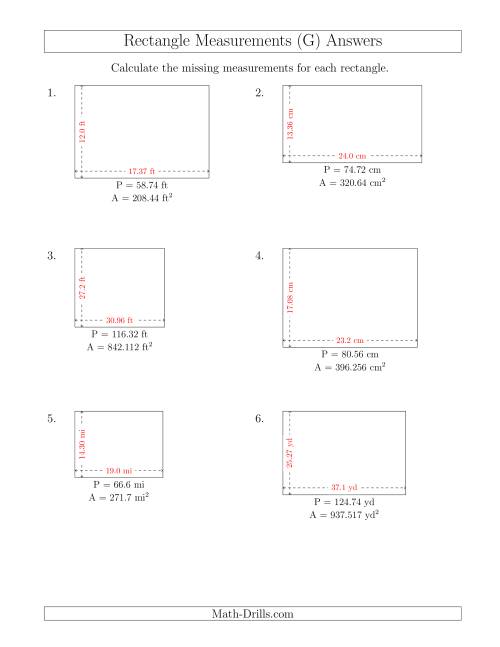 The Calculating the Side Measurements of Rectangles from Area and Perimeter (Decimal Numbers) (G) Math Worksheet Page 2