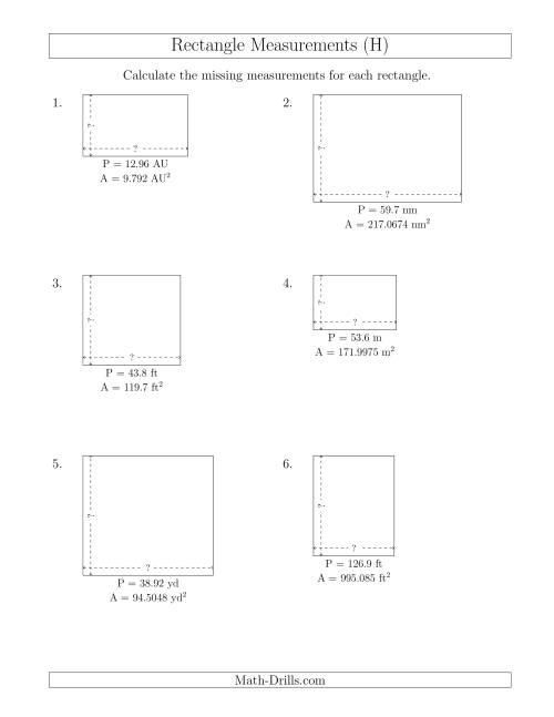 The Calculating the Side Measurements of Rectangles from Area and Perimeter (Decimal Numbers) (H) Math Worksheet