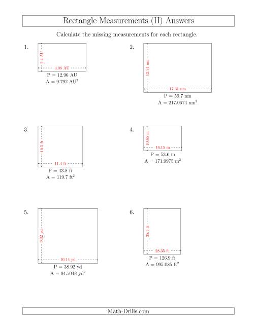 The Calculating the Side Measurements of Rectangles from Area and Perimeter (Decimal Numbers) (H) Math Worksheet Page 2