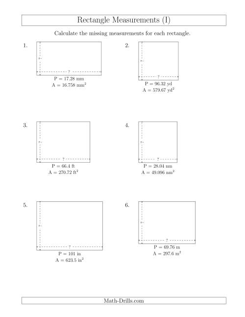 The Calculating the Side Measurements of Rectangles from Area and Perimeter (Decimal Numbers) (I) Math Worksheet