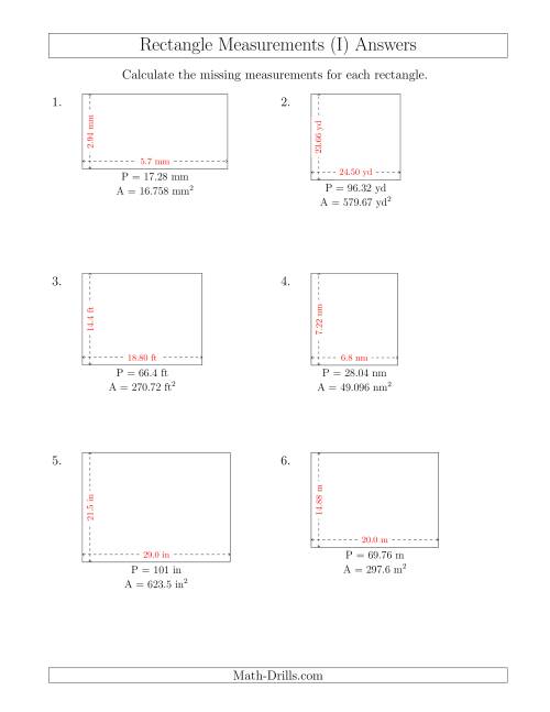 The Calculating the Side Measurements of Rectangles from Area and Perimeter (Decimal Numbers) (I) Math Worksheet Page 2