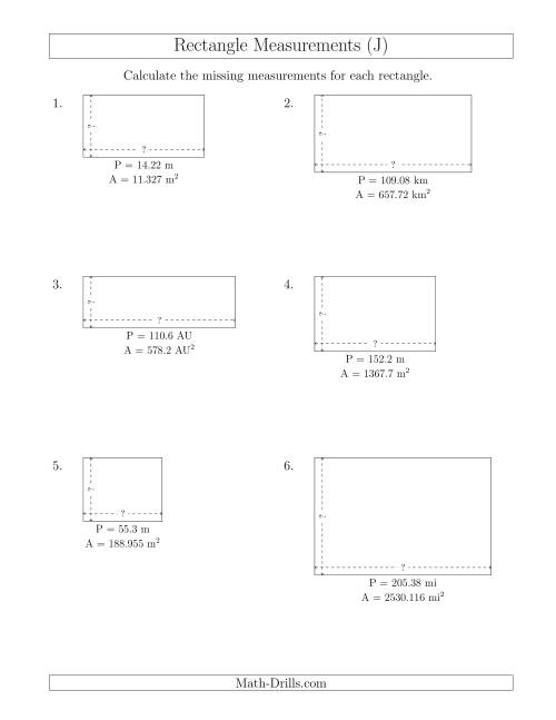 The Calculating the Side Measurements of Rectangles from Area and Perimeter (Decimal Numbers) (J) Math Worksheet