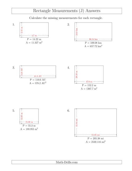 The Calculating the Side Measurements of Rectangles from Area and Perimeter (Decimal Numbers) (J) Math Worksheet Page 2