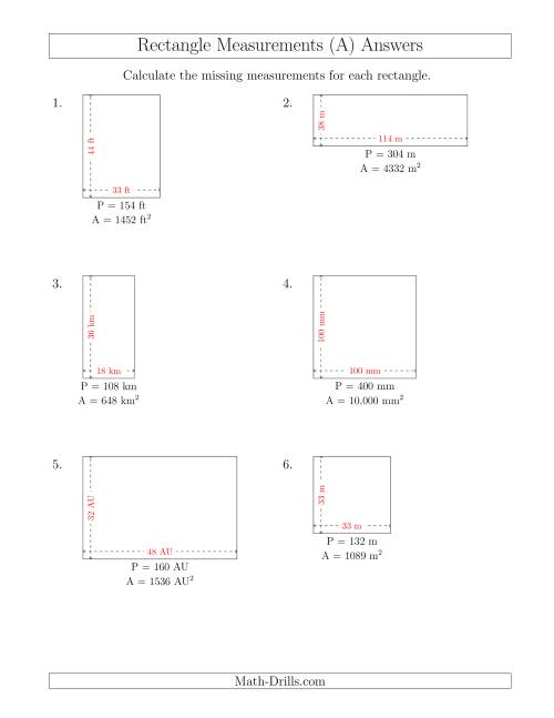 The Calculating the Side Measurements of Rectangles from Area and Perimeter (Larger Whole Numbers) (A) Math Worksheet Page 2