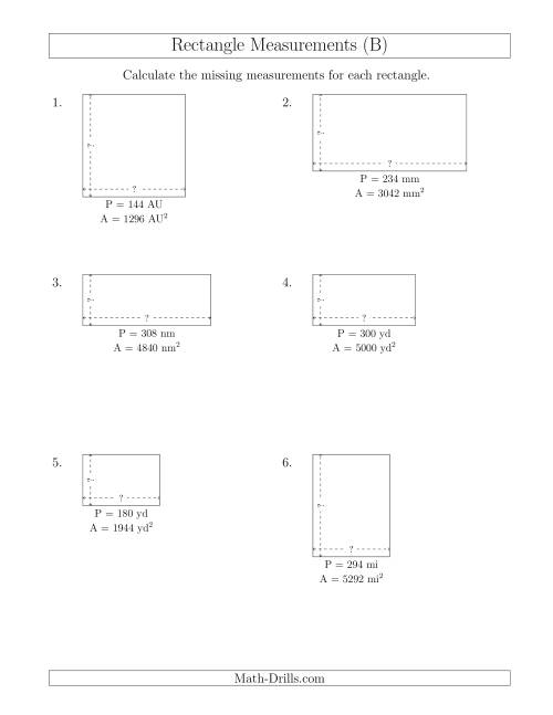 The Calculating the Side Measurements of Rectangles from Area and Perimeter (Larger Whole Numbers) (B) Math Worksheet