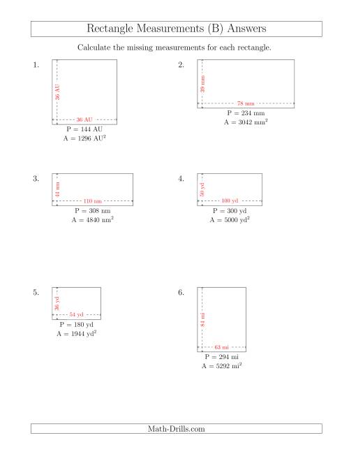 The Calculating the Side Measurements of Rectangles from Area and Perimeter (Larger Whole Numbers) (B) Math Worksheet Page 2