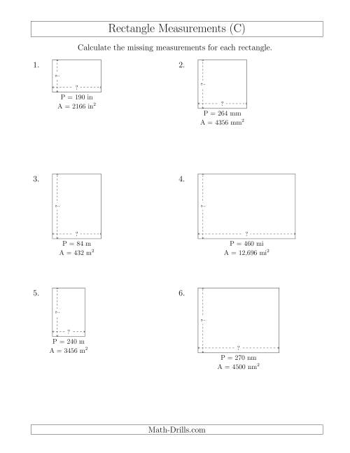 The Calculating the Side Measurements of Rectangles from Area and Perimeter (Larger Whole Numbers) (C) Math Worksheet