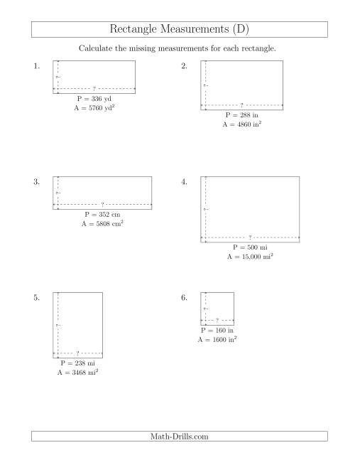 The Calculating the Side Measurements of Rectangles from Area and Perimeter (Larger Whole Numbers) (D) Math Worksheet
