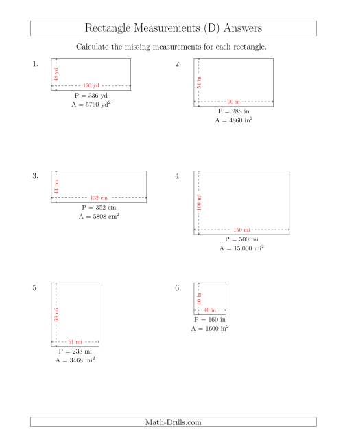 The Calculating the Side Measurements of Rectangles from Area and Perimeter (Larger Whole Numbers) (D) Math Worksheet Page 2