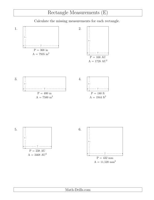 The Calculating the Side Measurements of Rectangles from Area and Perimeter (Larger Whole Numbers) (E) Math Worksheet
