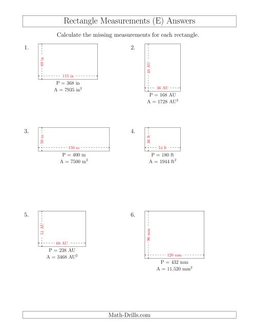 The Calculating the Side Measurements of Rectangles from Area and Perimeter (Larger Whole Numbers) (E) Math Worksheet Page 2