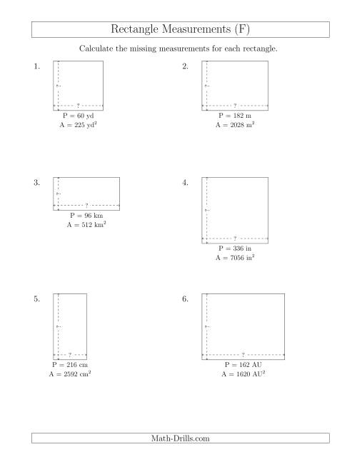 The Calculating the Side Measurements of Rectangles from Area and Perimeter (Larger Whole Numbers) (F) Math Worksheet