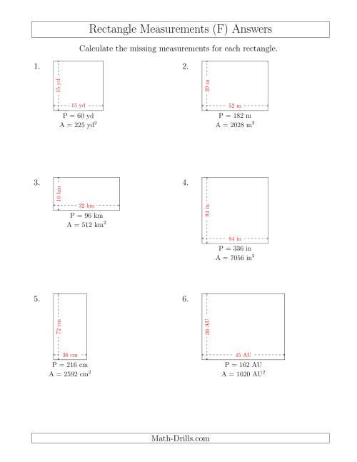 The Calculating the Side Measurements of Rectangles from Area and Perimeter (Larger Whole Numbers) (F) Math Worksheet Page 2