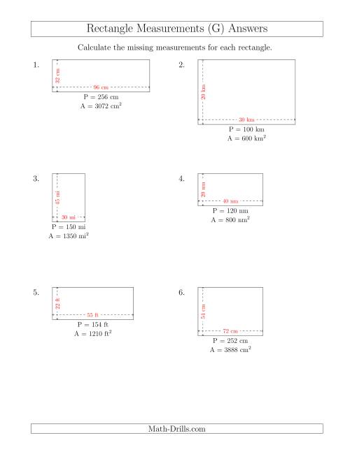 The Calculating the Side Measurements of Rectangles from Area and Perimeter (Larger Whole Numbers) (G) Math Worksheet Page 2