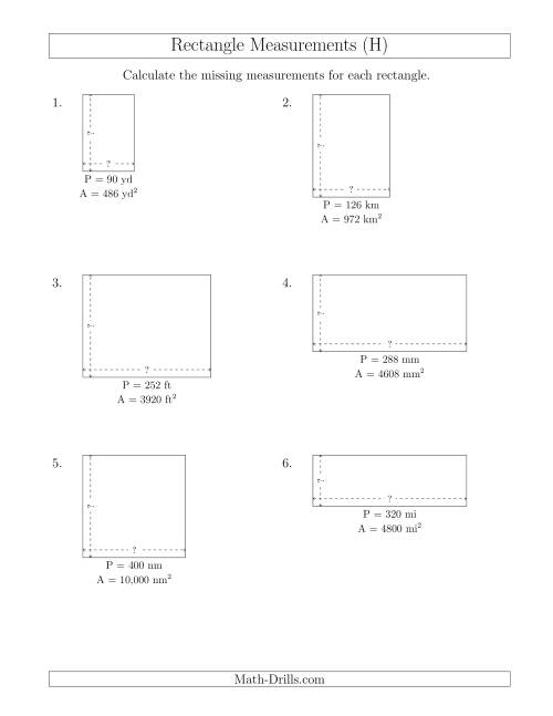 The Calculating the Side Measurements of Rectangles from Area and Perimeter (Larger Whole Numbers) (H) Math Worksheet