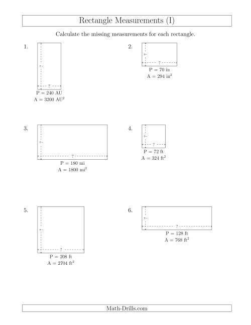 The Calculating the Side Measurements of Rectangles from Area and Perimeter (Larger Whole Numbers) (I) Math Worksheet