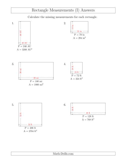 The Calculating the Side Measurements of Rectangles from Area and Perimeter (Larger Whole Numbers) (I) Math Worksheet Page 2