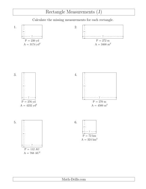 The Calculating the Side Measurements of Rectangles from Area and Perimeter (Larger Whole Numbers) (J) Math Worksheet