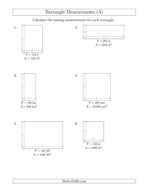 The Calculating the Side Measurements of Rectangles from Area and Perimeter (Larger Whole Numbers) (All) Math Worksheet