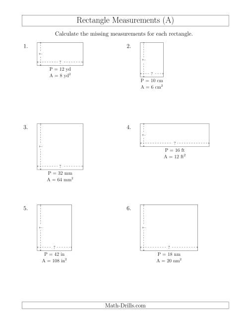 The Calculating the Side Measurements of Rectangles from Area and Perimeter (Smaller Whole Numbers) (A) Math Worksheet