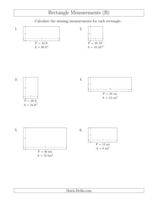 The Calculating the Side Measurements of Rectangles from Area and Perimeter (Smaller Whole Numbers) (B) Math Worksheet