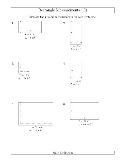 The Calculating the Side Measurements of Rectangles from Area and Perimeter (Smaller Whole Numbers) (C) Math Worksheet