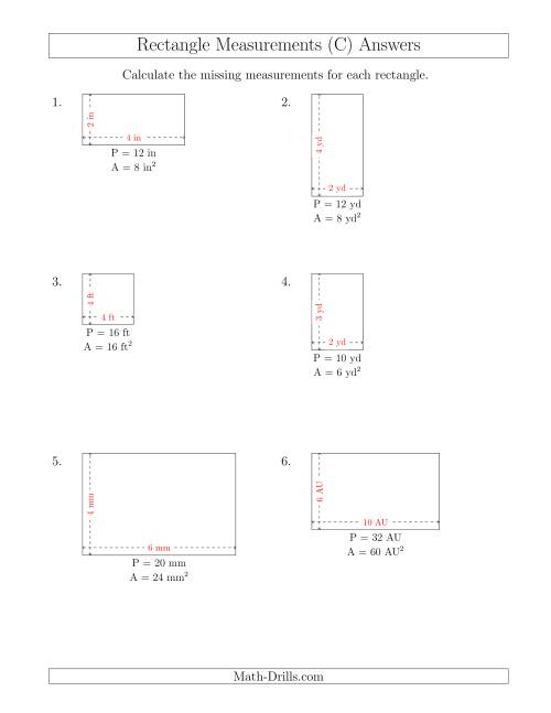 The Calculating the Side Measurements of Rectangles from Area and Perimeter (Smaller Whole Numbers) (C) Math Worksheet Page 2