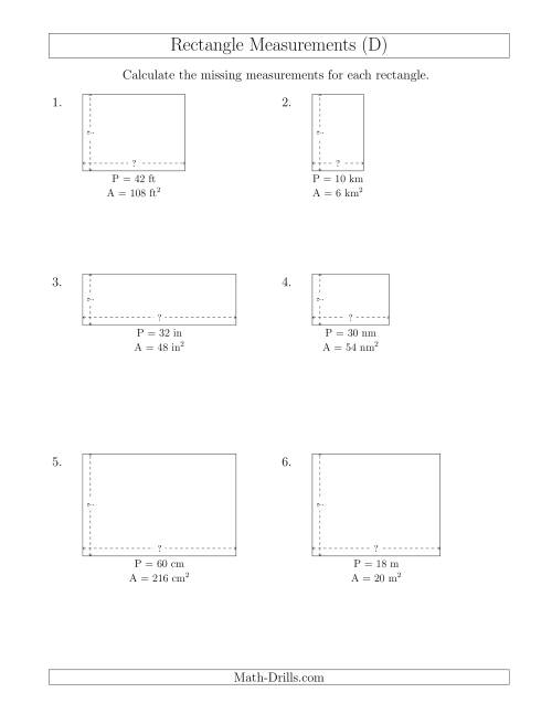 The Calculating the Side Measurements of Rectangles from Area and Perimeter (Smaller Whole Numbers) (D) Math Worksheet
