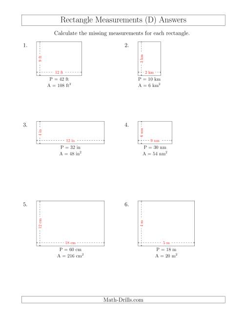 The Calculating the Side Measurements of Rectangles from Area and Perimeter (Smaller Whole Numbers) (D) Math Worksheet Page 2