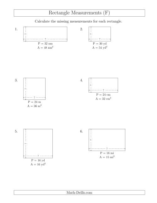 The Calculating the Side Measurements of Rectangles from Area and Perimeter (Smaller Whole Numbers) (F) Math Worksheet