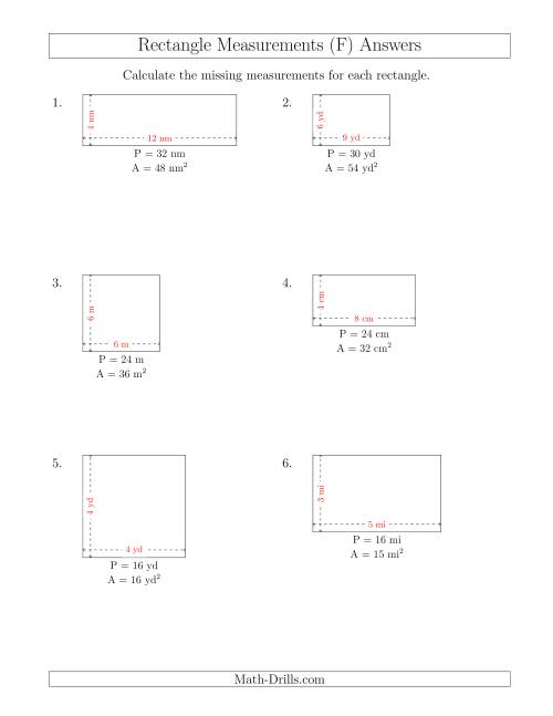 The Calculating the Side Measurements of Rectangles from Area and Perimeter (Smaller Whole Numbers) (F) Math Worksheet Page 2