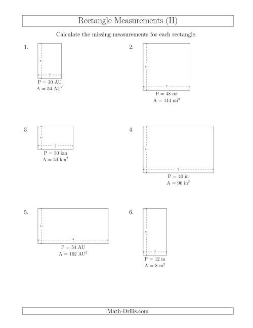 The Calculating the Side Measurements of Rectangles from Area and Perimeter (Smaller Whole Numbers) (H) Math Worksheet