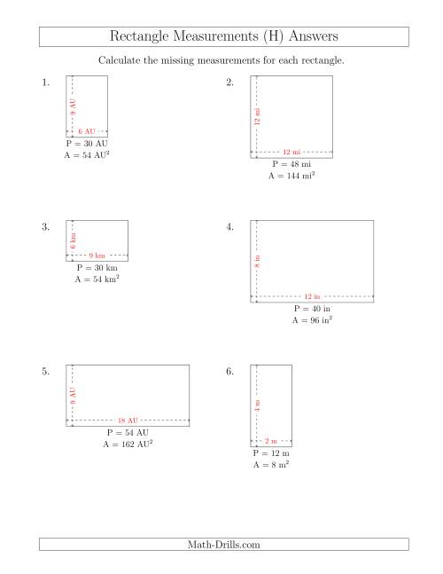 The Calculating the Side Measurements of Rectangles from Area and Perimeter (Smaller Whole Numbers) (H) Math Worksheet Page 2
