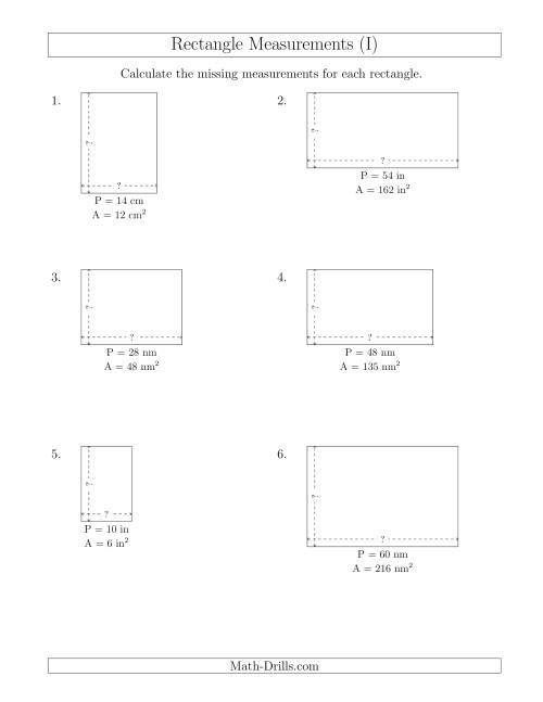 The Calculating the Side Measurements of Rectangles from Area and Perimeter (Smaller Whole Numbers) (I) Math Worksheet
