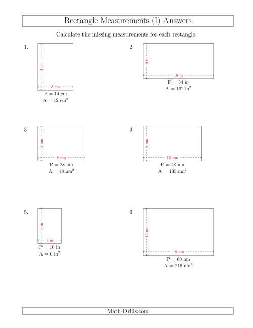 The Calculating the Side Measurements of Rectangles from Area and Perimeter (Smaller Whole Numbers) (I) Math Worksheet Page 2