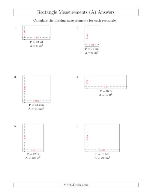 The Calculating the Side Measurements of Rectangles from Area and Perimeter (Smaller Whole Numbers) (All) Math Worksheet Page 2
