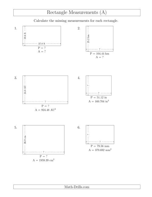 The Calculating Various Rectangle Measurements (Decimal Numbers) (A) Math Worksheet