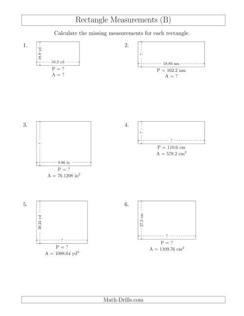 The Calculating Various Rectangle Measurements (Decimal Numbers) (B) Math Worksheet