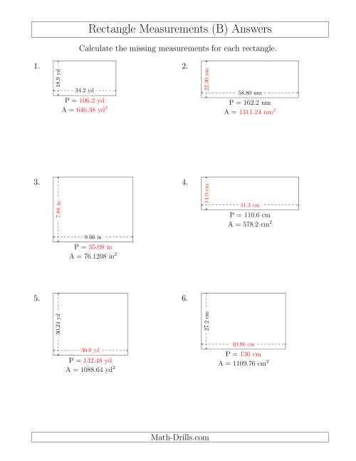 The Calculating Various Rectangle Measurements (Decimal Numbers) (B) Math Worksheet Page 2